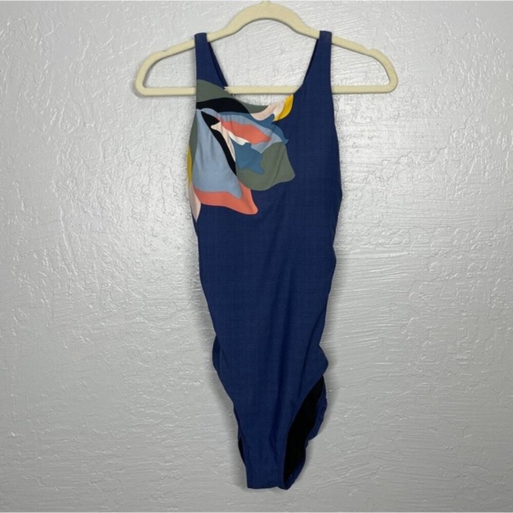 Title Nine Women Blue Floral Up One Piece Swimsuit High Neck Cross Straps XS